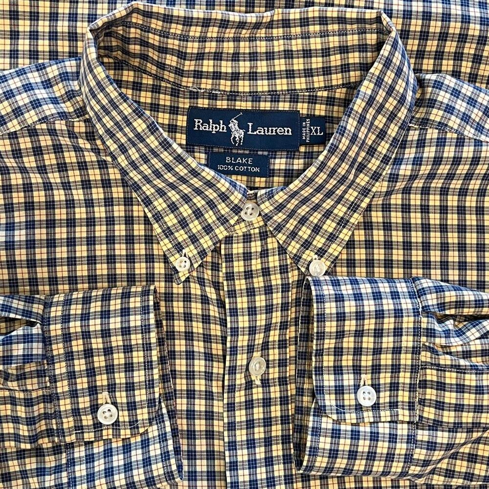 Ralph Lauren Men's Plaid Checkered Blake Button Down Shirt Yellow Blue Size XL